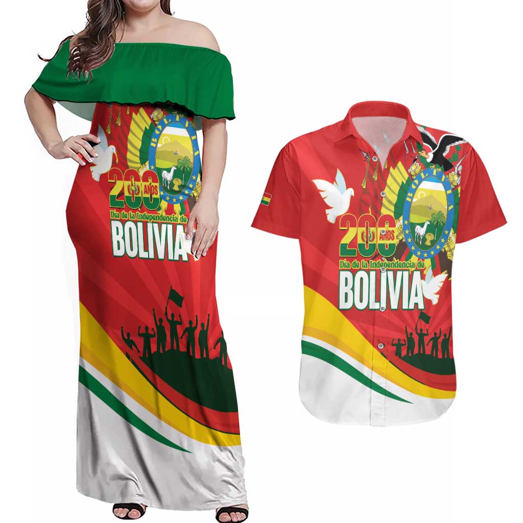 Bolivia Independence Day Couples Matching Off Shoulder Maxi Dress and Hawaiian Shirt 200 Anos Dia de la Independencia