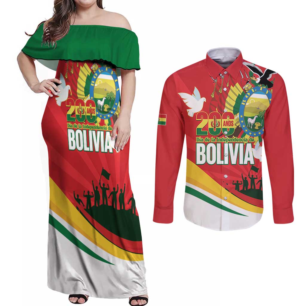 Bolivia Independence Day Couples Matching Off Shoulder Maxi Dress and Long Sleeve Button Shirt 200 Anos Dia de la Independencia