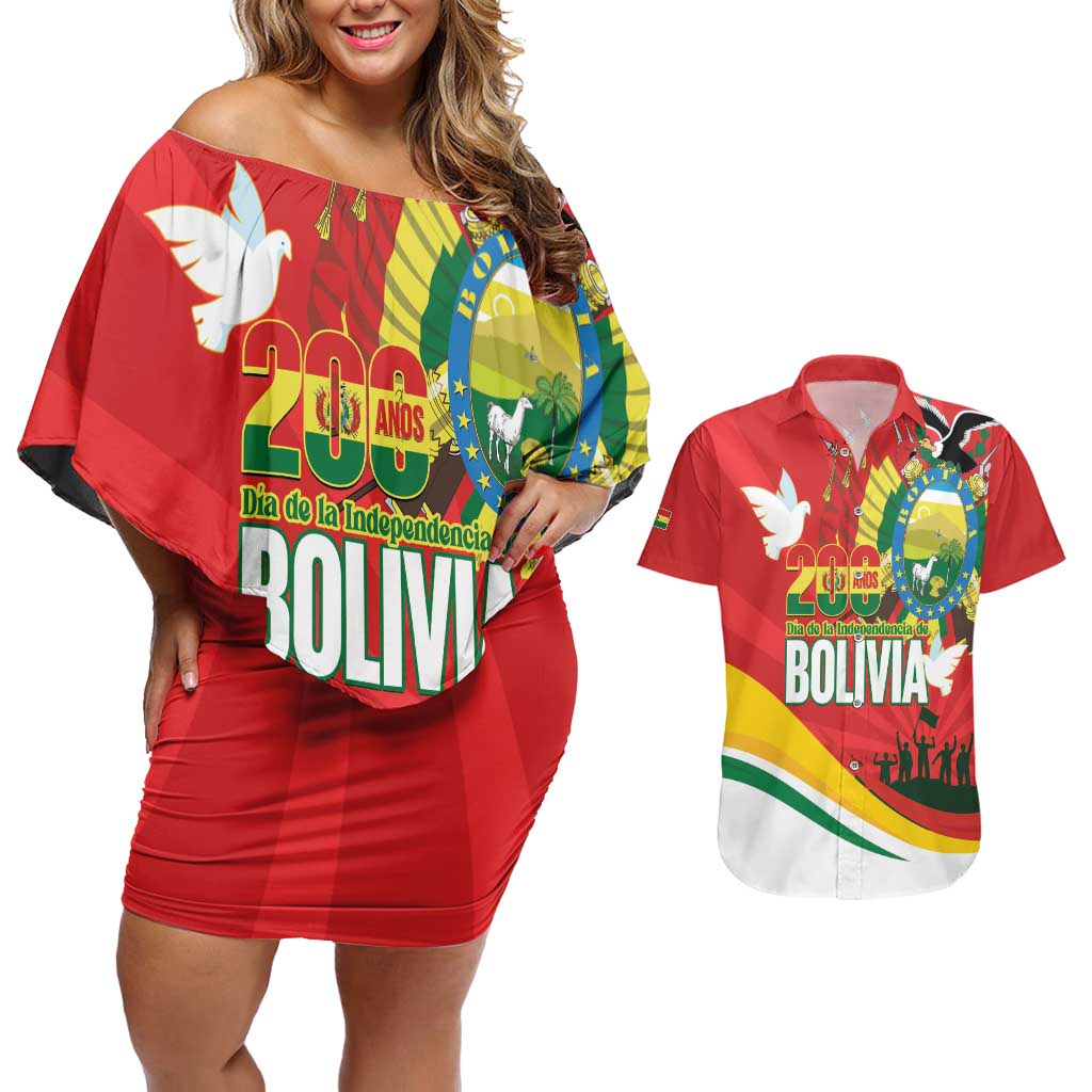 Bolivia Independence Day Couples Matching Off Shoulder Short Dress and Hawaiian Shirt 200 Anos Dia de la Independencia