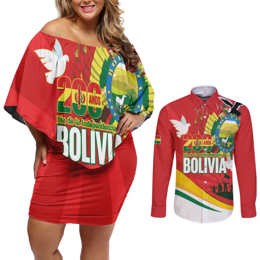 Bolivia Independence Day Couples Matching Off Shoulder Short Dress and Long Sleeve Button Shirt 200 Anos Dia de la Independencia