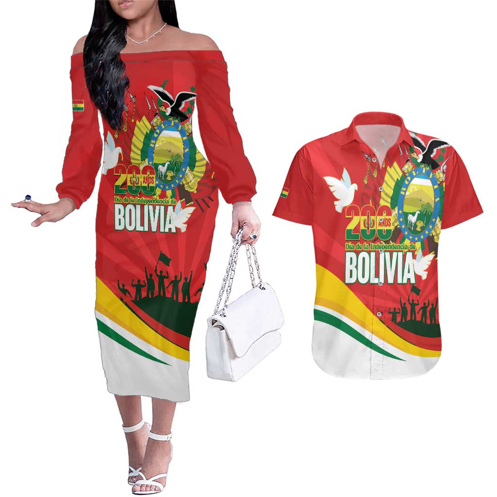 Bolivia Independence Day Couples Matching Off The Shoulder Long Sleeve Dress and Hawaiian Shirt 200 Anos Dia de la Independencia