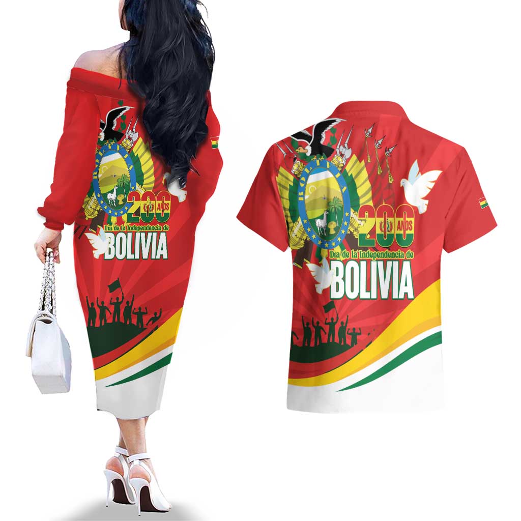 Bolivia Independence Day Couples Matching Off The Shoulder Long Sleeve Dress and Hawaiian Shirt 200 Anos Dia de la Independencia