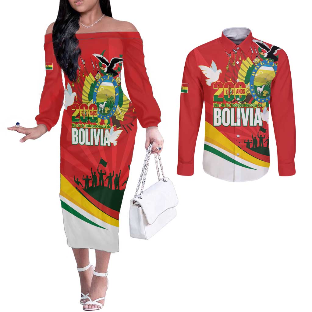Bolivia Independence Day Couples Matching Off The Shoulder Long Sleeve Dress and Long Sleeve Button Shirt 200 Anos Dia de la Independencia