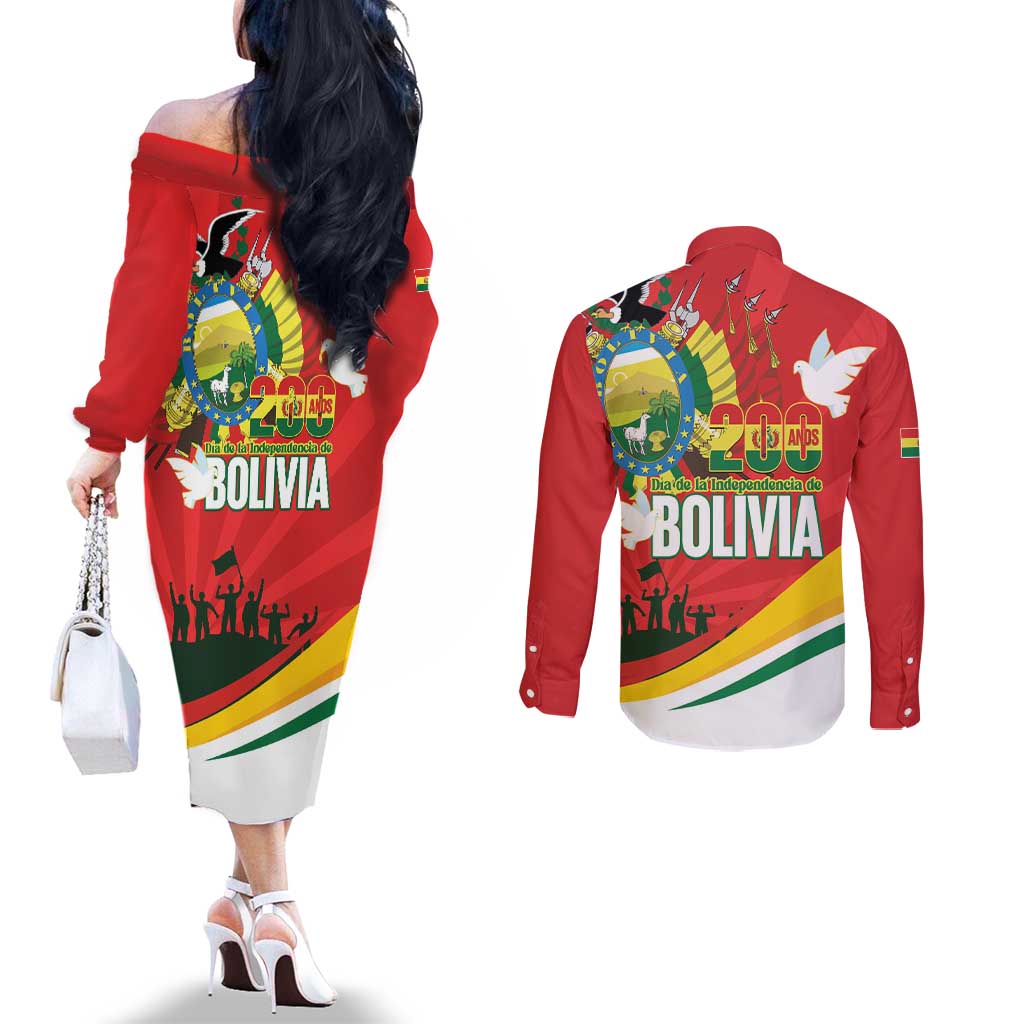 Bolivia Independence Day Couples Matching Off The Shoulder Long Sleeve Dress and Long Sleeve Button Shirt 200 Anos Dia de la Independencia