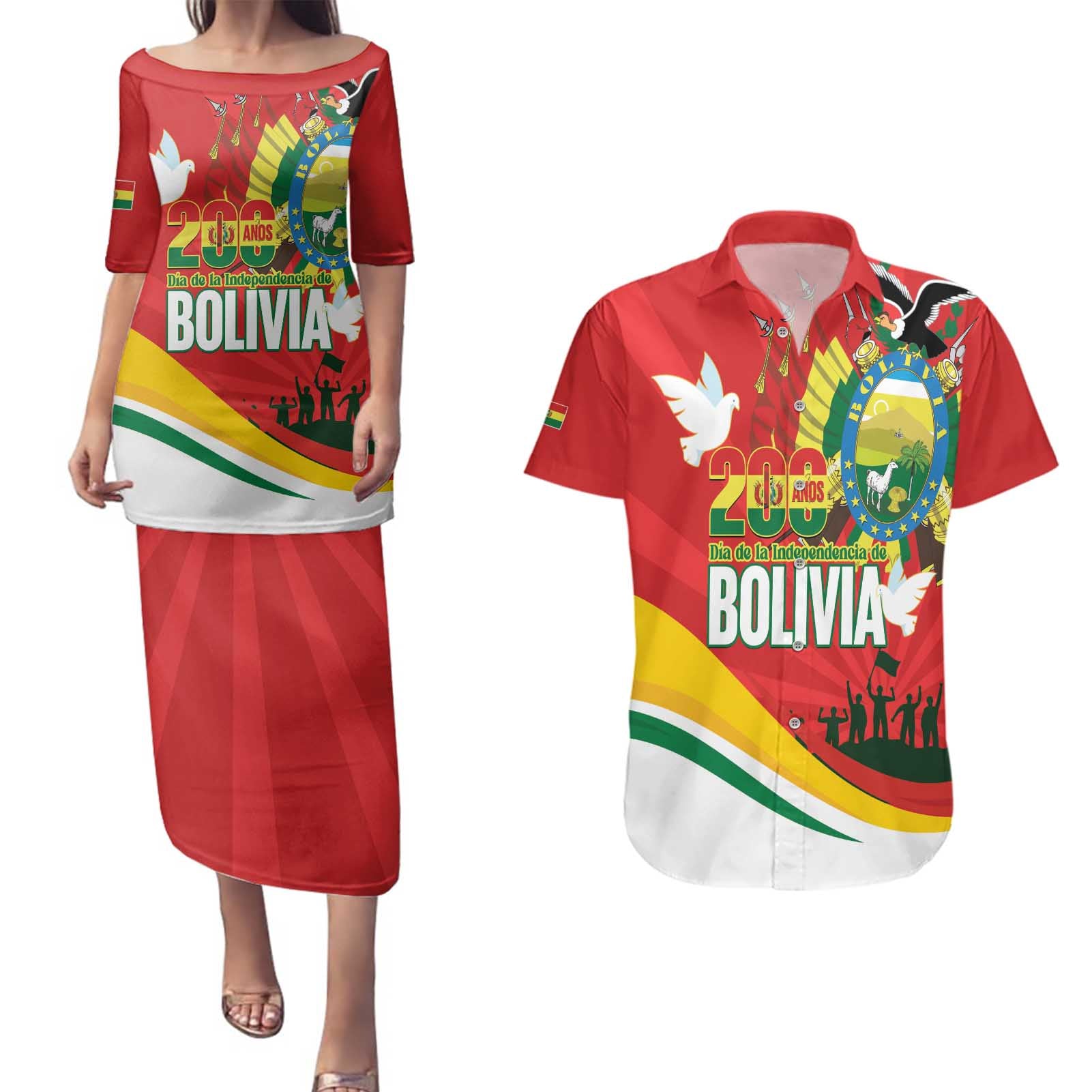 Bolivia Independence Day Couples Matching Puletasi and Hawaiian Shirt 200 Anos Dia de la Independencia