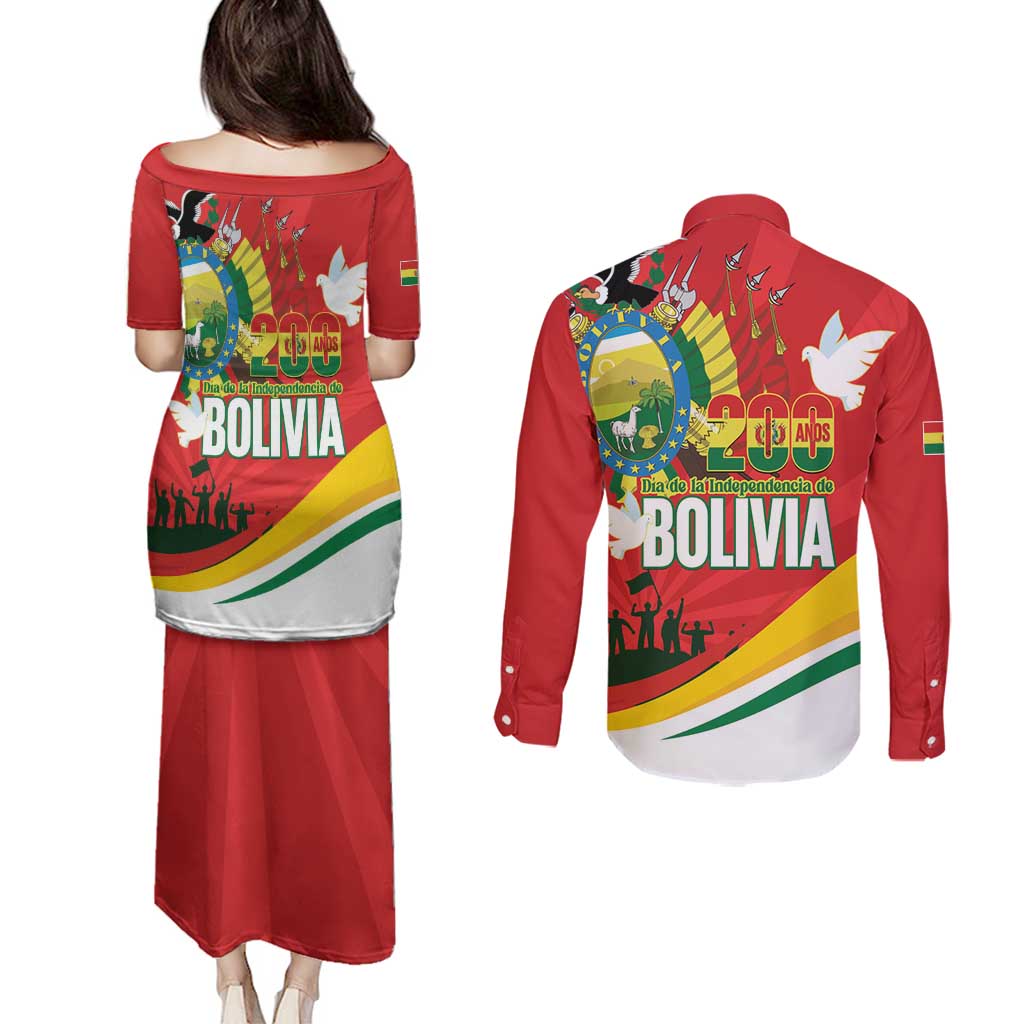 Bolivia Independence Day Couples Matching Puletasi and Long Sleeve Button Shirt 200 Anos Dia de la Independencia