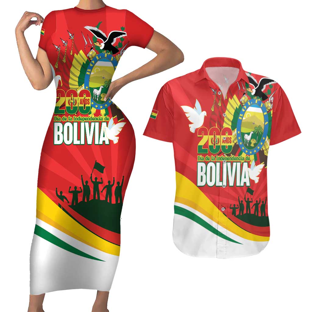 Bolivia Independence Day Couples Matching Short Sleeve Bodycon Dress and Hawaiian Shirt 200 Anos Dia de la Independencia