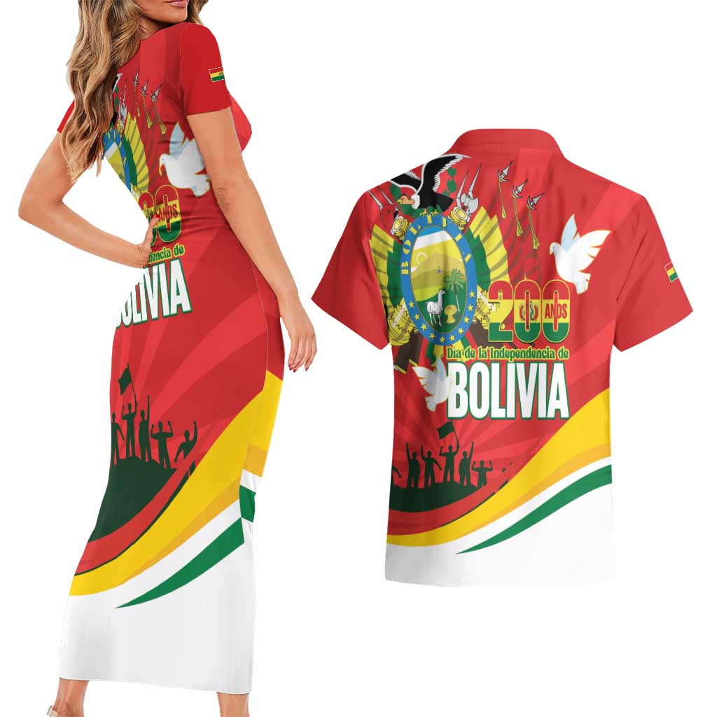 Bolivia Independence Day Couples Matching Short Sleeve Bodycon Dress and Hawaiian Shirt 200 Anos Dia de la Independencia