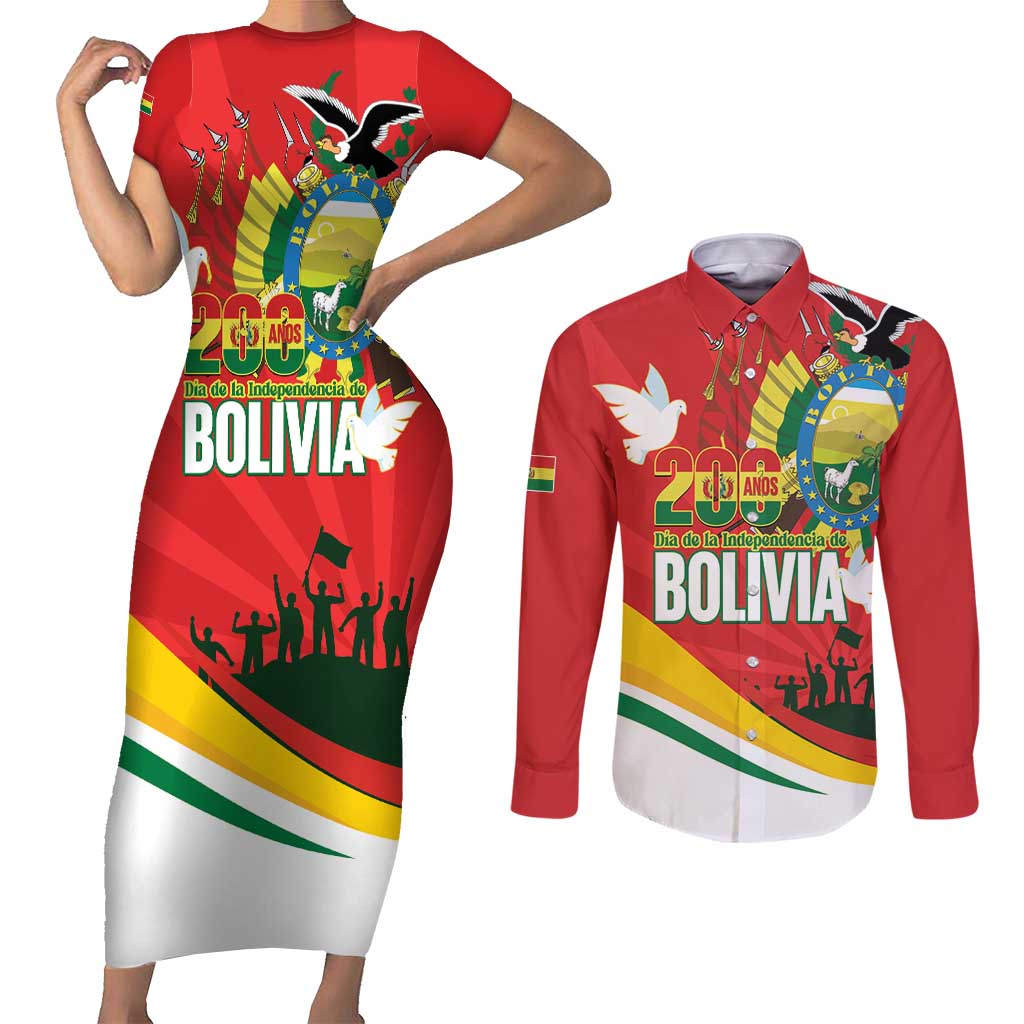 Bolivia Independence Day Couples Matching Short Sleeve Bodycon Dress and Long Sleeve Button Shirt 200 Anos Dia de la Independencia
