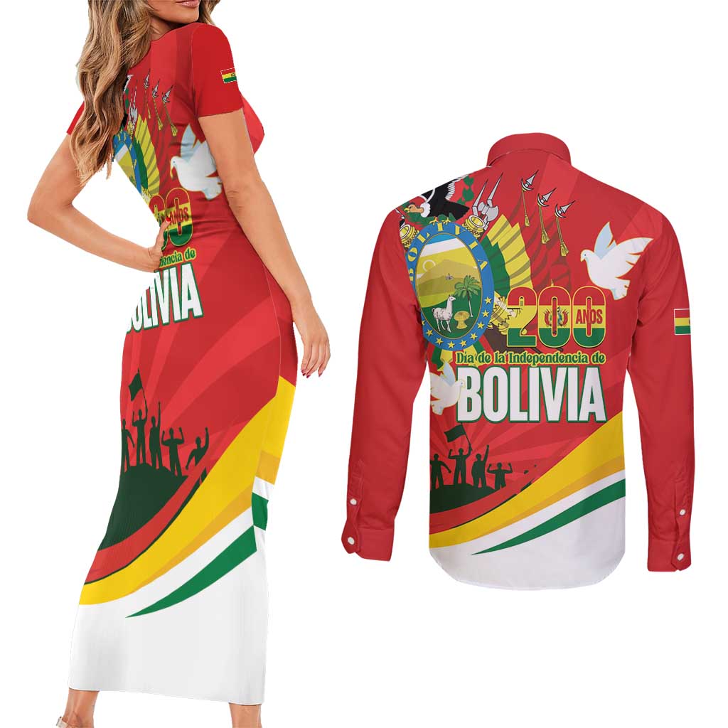 Bolivia Independence Day Couples Matching Short Sleeve Bodycon Dress and Long Sleeve Button Shirt 200 Anos Dia de la Independencia