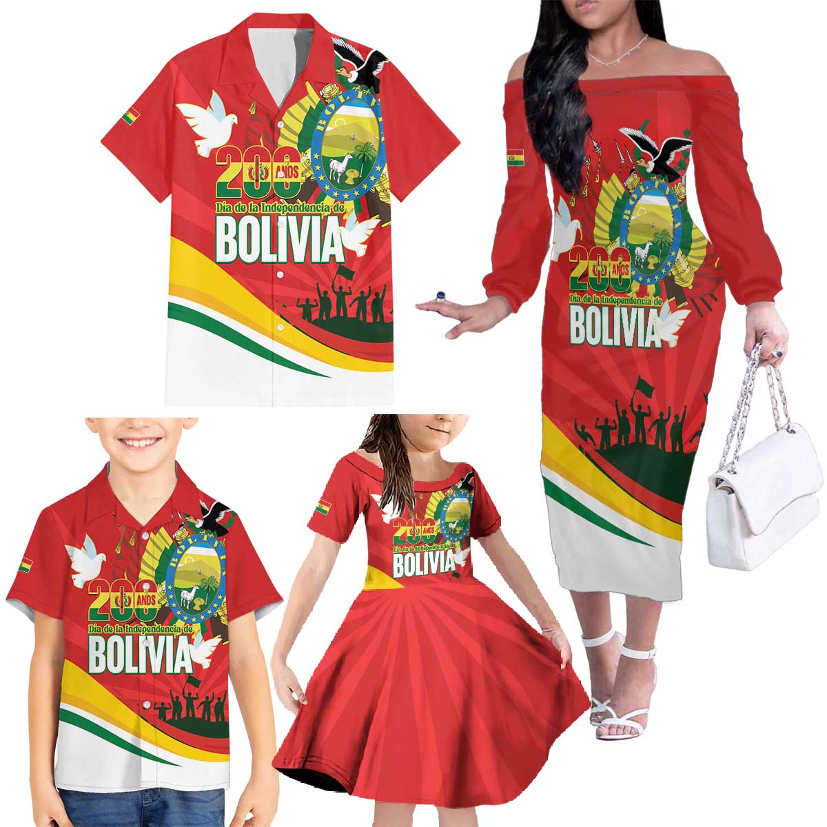 Bolivia Independence Day Family Matching Off The Shoulder Long Sleeve Dress and Hawaiian Shirt 200 Anos Dia de la Independencia