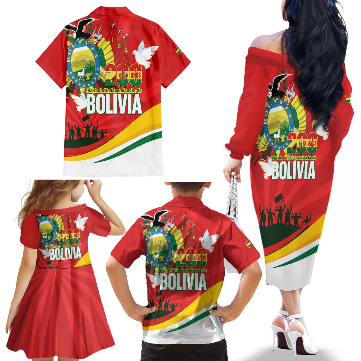 Bolivia Independence Day Family Matching Off The Shoulder Long Sleeve Dress and Hawaiian Shirt 200 Anos Dia de la Independencia