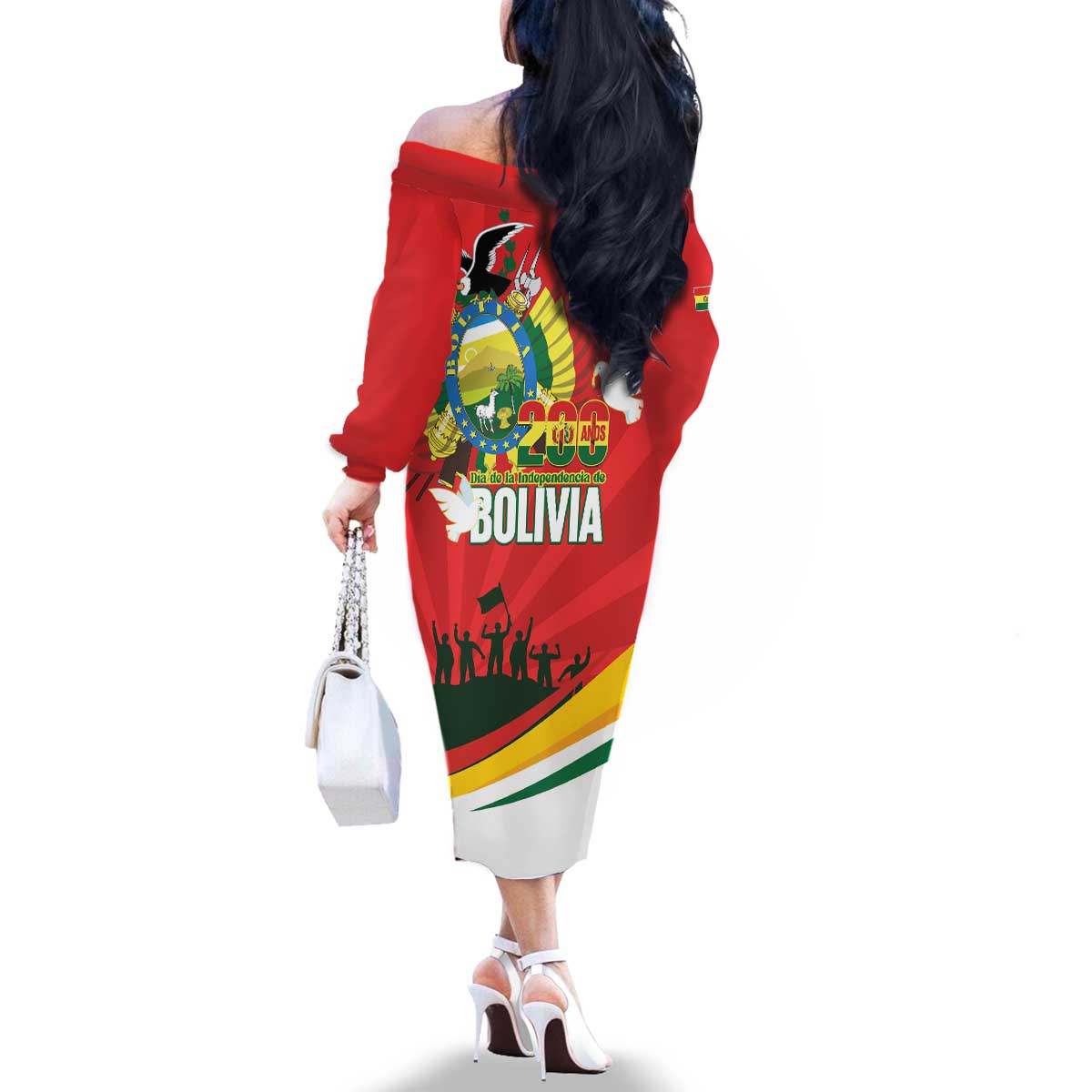 Bolivia Independence Day Family Matching Off The Shoulder Long Sleeve Dress and Hawaiian Shirt 200 Anos Dia de la Independencia