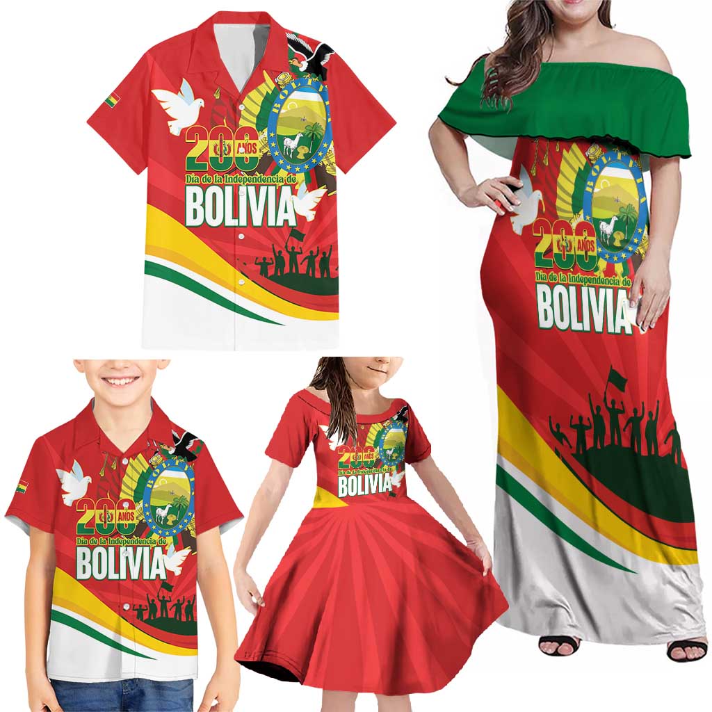 Bolivia Independence Day Family Matching Off Shoulder Maxi Dress and Hawaiian Shirt 200 Anos Dia de la Independencia