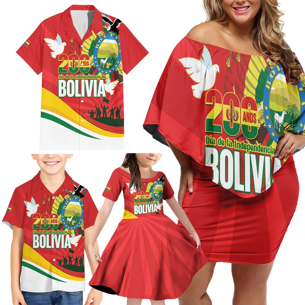 Bolivia Independence Day Family Matching Off Shoulder Short Dress and Hawaiian Shirt 200 Anos Dia de la Independencia