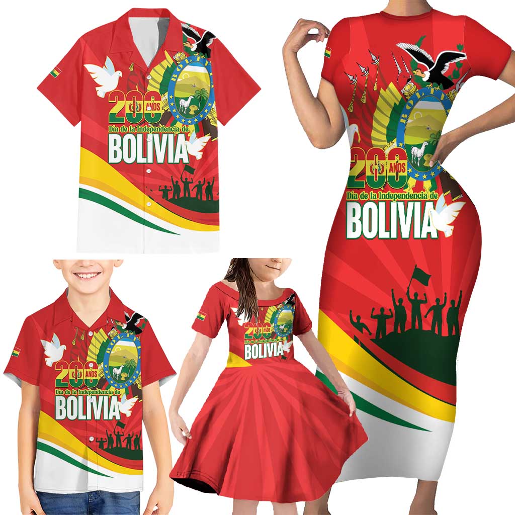 Bolivia Independence Day Family Matching Short Sleeve Bodycon Dress and Hawaiian Shirt 200 Anos Dia de la Independencia