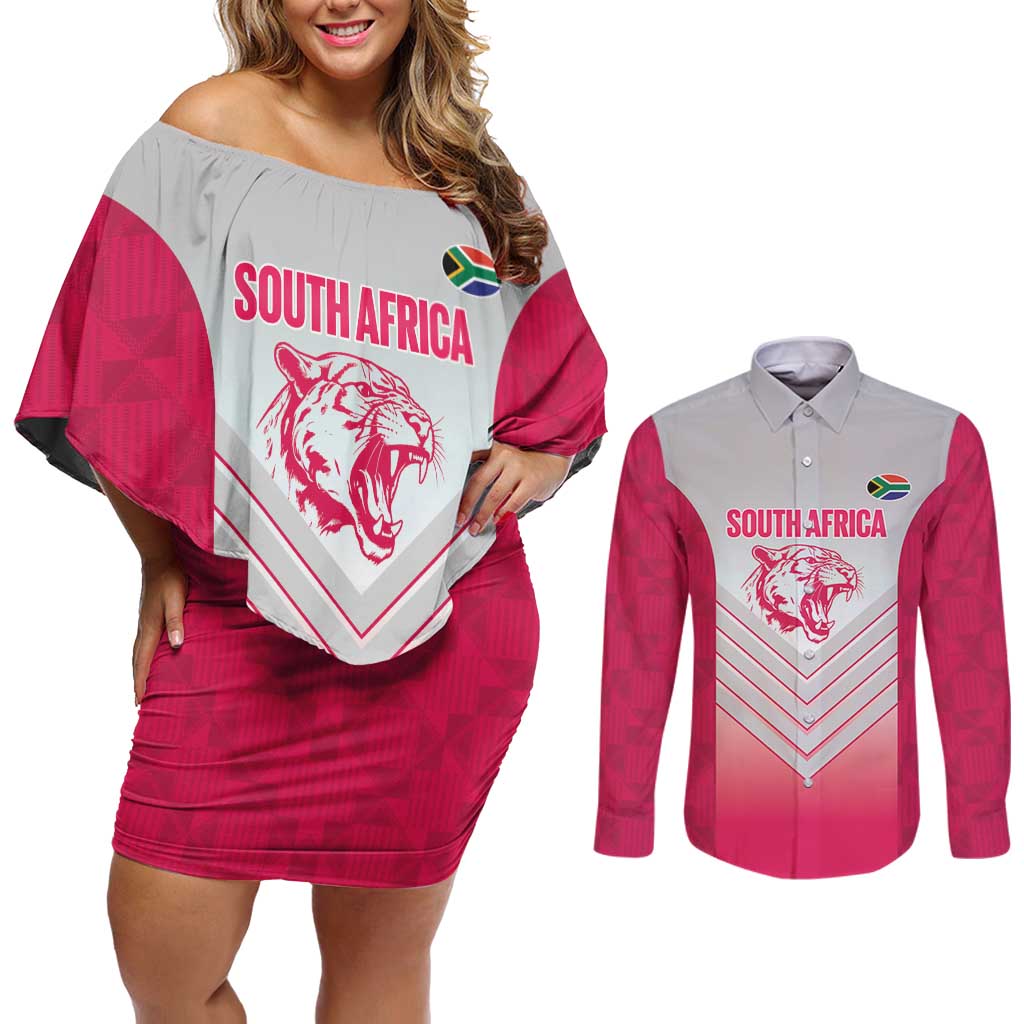 South Africa Rugby Custom Couples Matching Off Shoulder Short Dress and Long Sleeve Button Shirt Come On Puma African Pattern