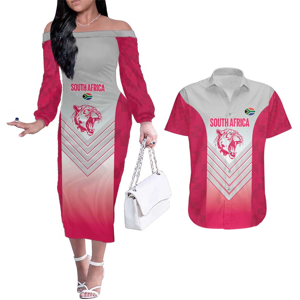 South Africa Rugby Custom Couples Matching Off The Shoulder Long Sleeve Dress and Hawaiian Shirt Come On Puma African Pattern