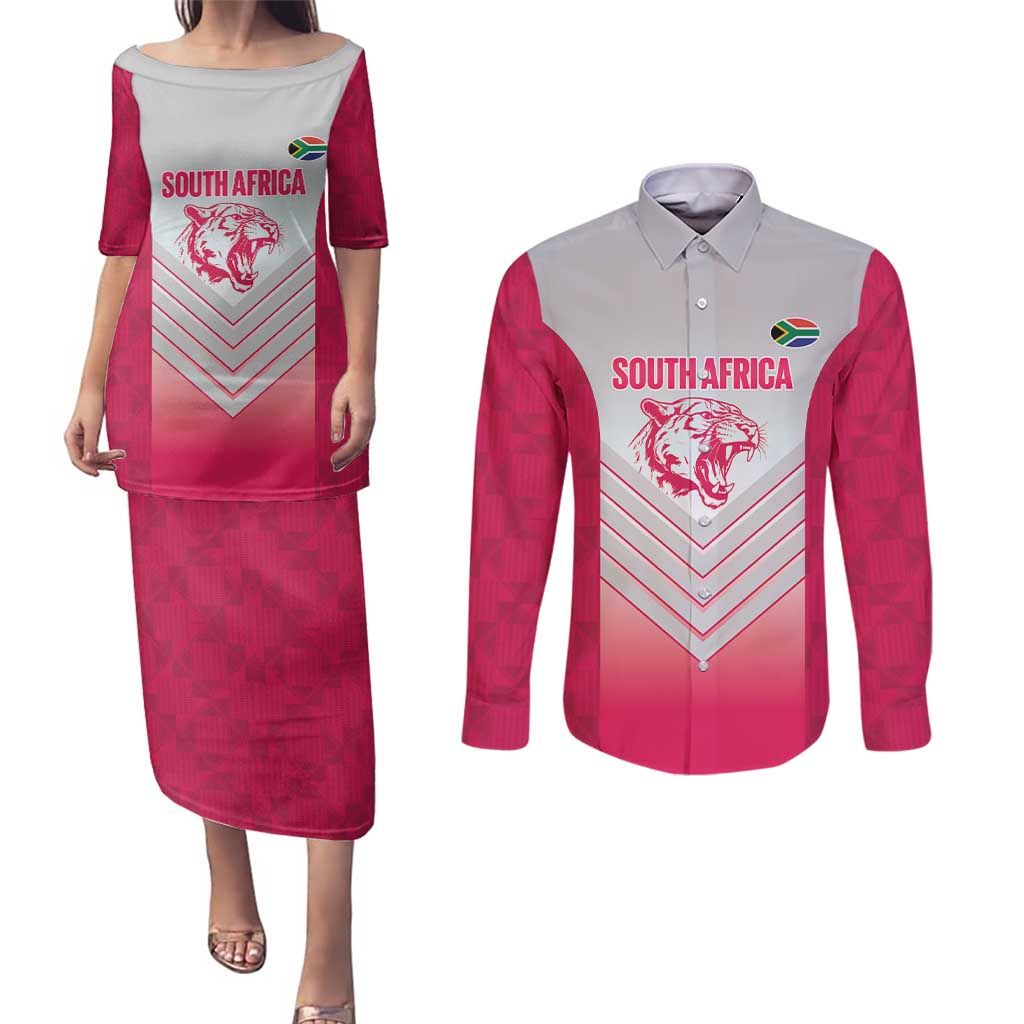 South Africa Rugby Custom Couples Matching Puletasi and Long Sleeve Button Shirt Come On Puma African Pattern