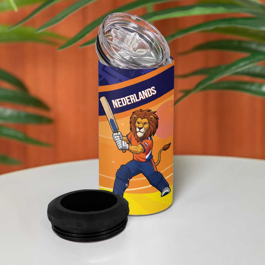 Custom Netherlands Cricket 4 in 1 Can Cooler Tumbler Go Flying Dutchmen Lion Mascot - Wonder Print Shop