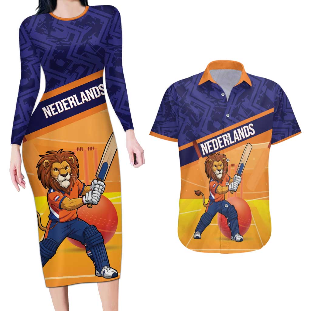 Custom Netherlands Cricket Couples Matching Long Sleeve Bodycon Dress and Hawaiian Shirt Go Flying Dutchmen Lion Mascot - Wonder Print Shop
