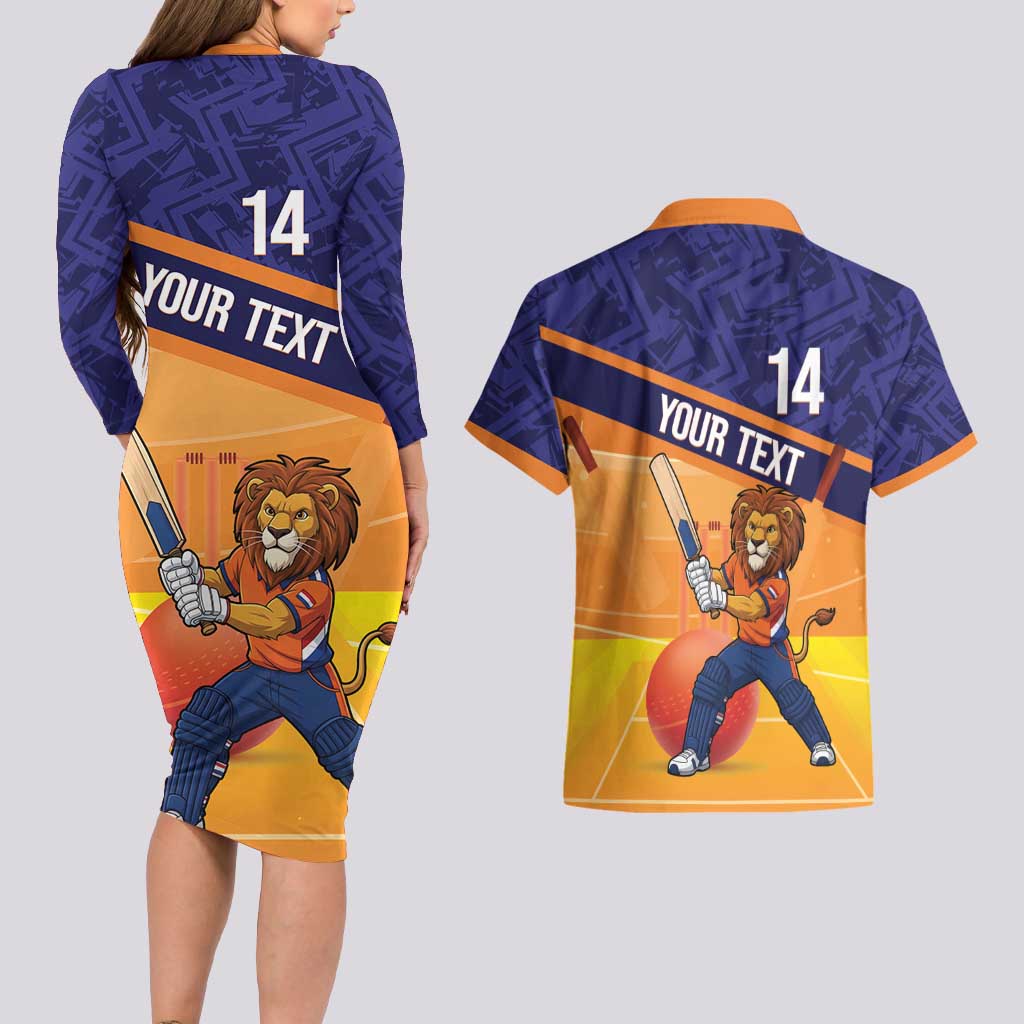 Custom Netherlands Cricket Couples Matching Long Sleeve Bodycon Dress and Hawaiian Shirt Go Flying Dutchmen Lion Mascot - Wonder Print Shop