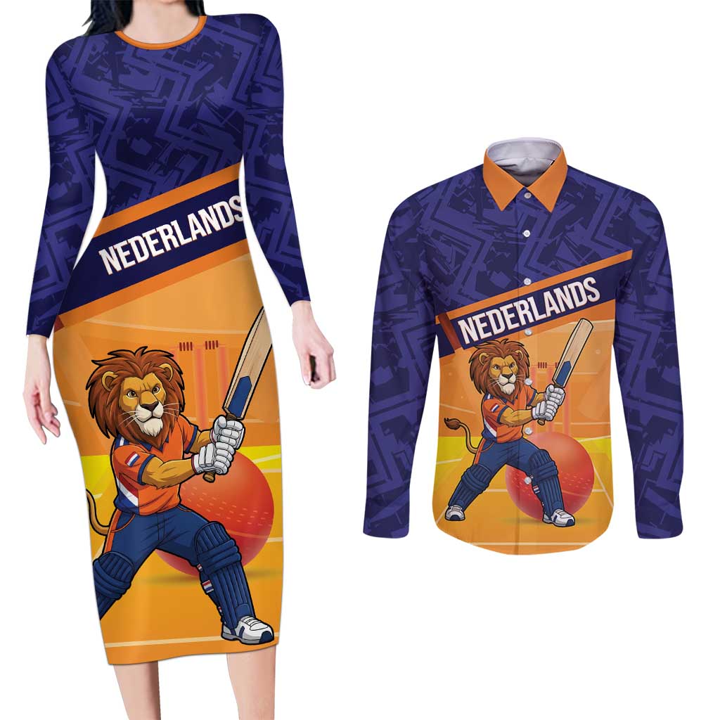 Custom Netherlands Cricket Couples Matching Long Sleeve Bodycon Dress and Long Sleeve Button Shirt Go Flying Dutchmen Lion Mascot - Wonder Print Shop