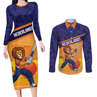 Custom Netherlands Cricket Couples Matching Long Sleeve Bodycon Dress and Long Sleeve Button Shirt Go Flying Dutchmen Lion Mascot - Wonder Print Shop