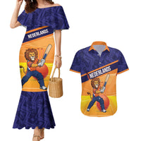 Custom Netherlands Cricket Couples Matching Mermaid Dress and Hawaiian Shirt Go Flying Dutchmen Lion Mascot - Wonder Print Shop
