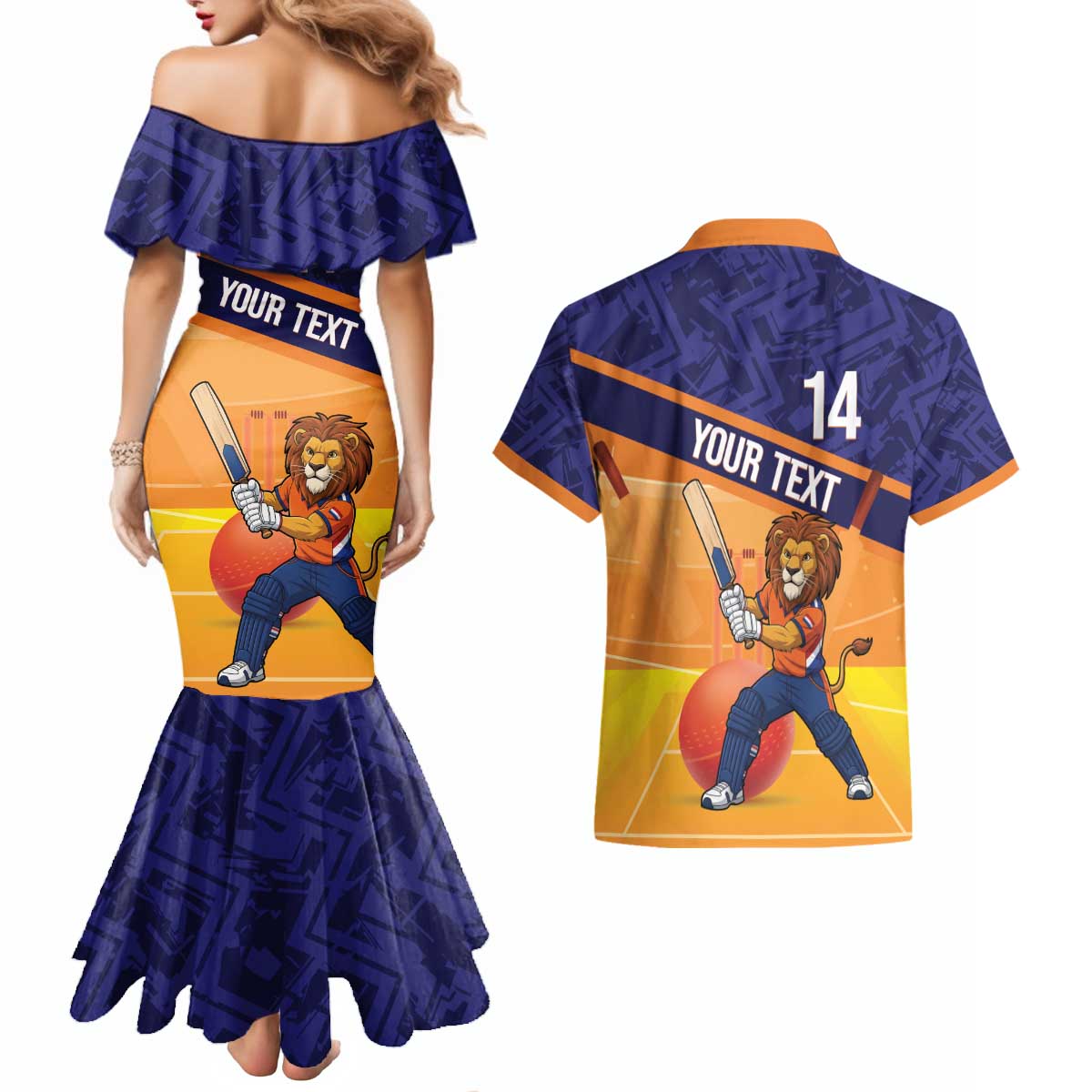 Custom Netherlands Cricket Couples Matching Mermaid Dress and Hawaiian Shirt Go Flying Dutchmen Lion Mascot - Wonder Print Shop