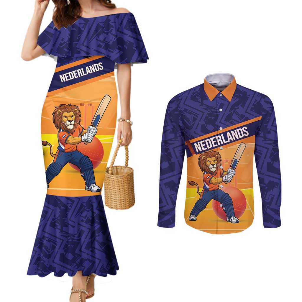 Custom Netherlands Cricket Couples Matching Mermaid Dress and Long Sleeve Button Shirt Go Flying Dutchmen Lion Mascot - Wonder Print Shop