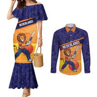 Custom Netherlands Cricket Couples Matching Mermaid Dress and Long Sleeve Button Shirt Go Flying Dutchmen Lion Mascot - Wonder Print Shop