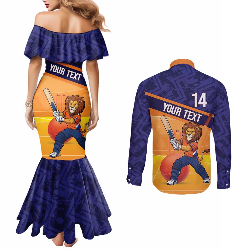 Custom Netherlands Cricket Couples Matching Mermaid Dress and Long Sleeve Button Shirt Go Flying Dutchmen Lion Mascot - Wonder Print Shop
