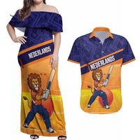 Custom Netherlands Cricket Couples Matching Off Shoulder Maxi Dress and Hawaiian Shirt Go Flying Dutchmen Lion Mascot - Wonder Print Shop