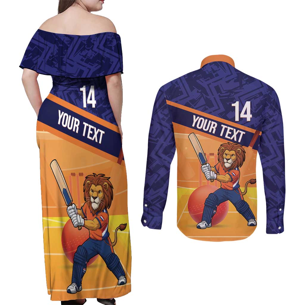 Custom Netherlands Cricket Couples Matching Off Shoulder Maxi Dress and Long Sleeve Button Shirt Go Flying Dutchmen Lion Mascot - Wonder Print Shop