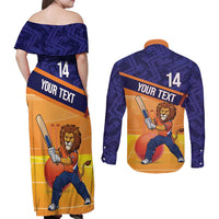 Custom Netherlands Cricket Couples Matching Off Shoulder Maxi Dress and Long Sleeve Button Shirt Go Flying Dutchmen Lion Mascot - Wonder Print Shop