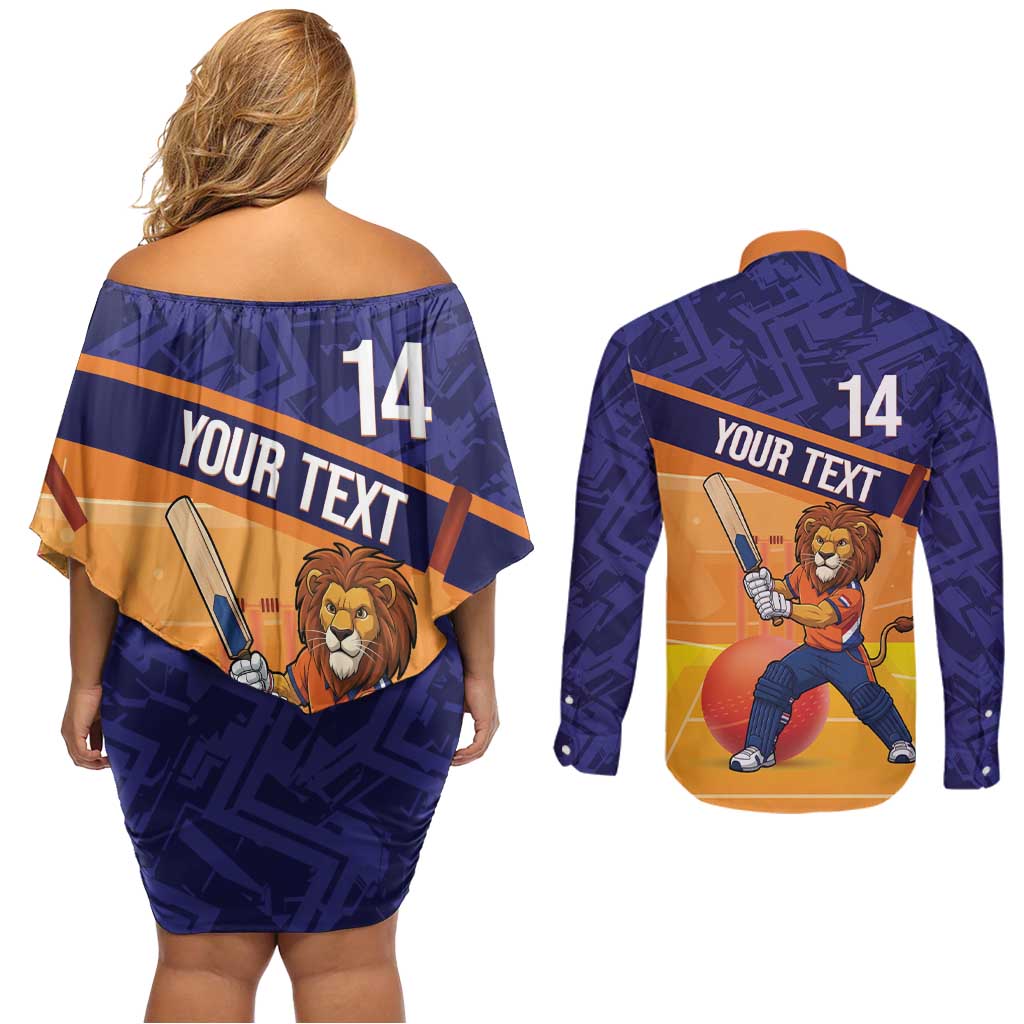 Custom Netherlands Cricket Couples Matching Off Shoulder Short Dress and Long Sleeve Button Shirt Go Flying Dutchmen Lion Mascot - Wonder Print Shop