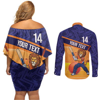 Custom Netherlands Cricket Couples Matching Off Shoulder Short Dress and Long Sleeve Button Shirt Go Flying Dutchmen Lion Mascot - Wonder Print Shop