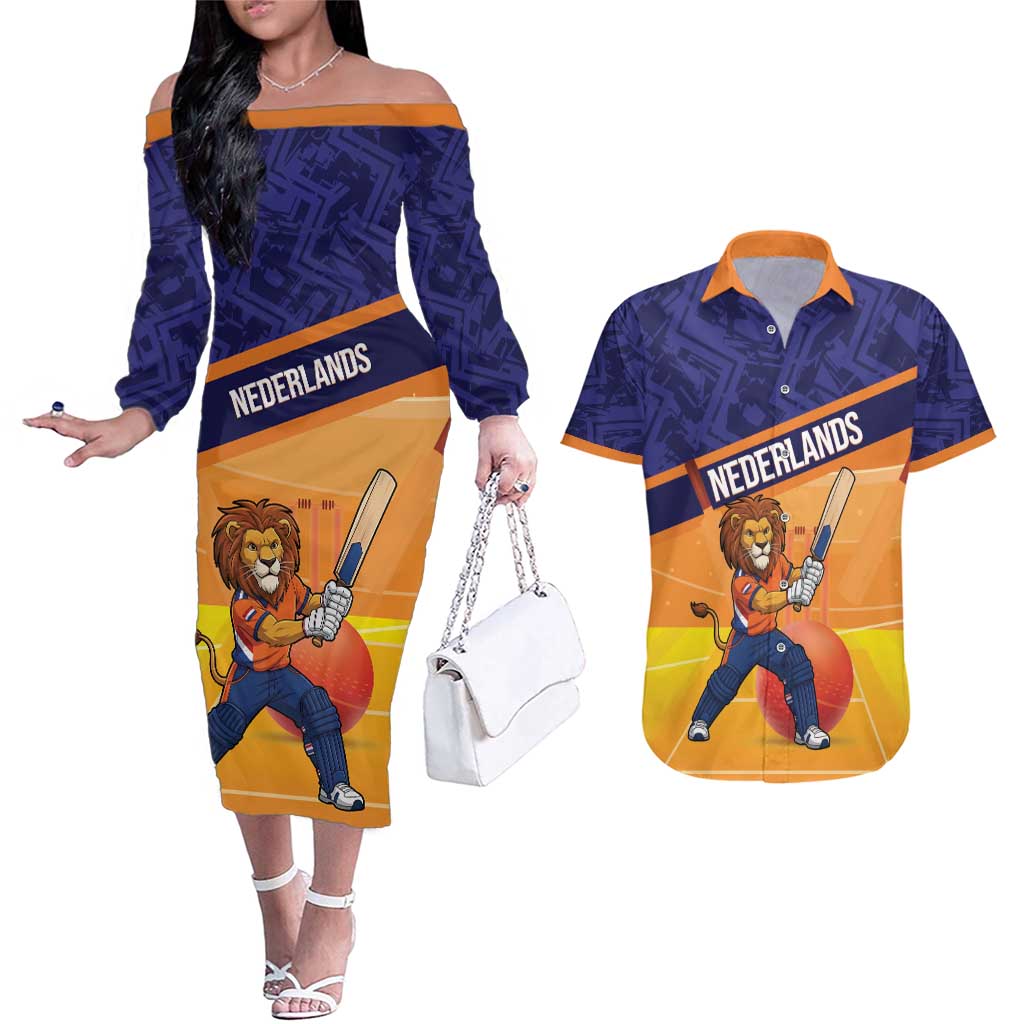 Custom Netherlands Cricket Couples Matching Off The Shoulder Long Sleeve Dress and Hawaiian Shirt Go Flying Dutchmen Lion Mascot - Wonder Print Shop