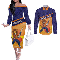 Custom Netherlands Cricket Couples Matching Off The Shoulder Long Sleeve Dress and Long Sleeve Button Shirt Go Flying Dutchmen Lion Mascot - Wonder Print Shop
