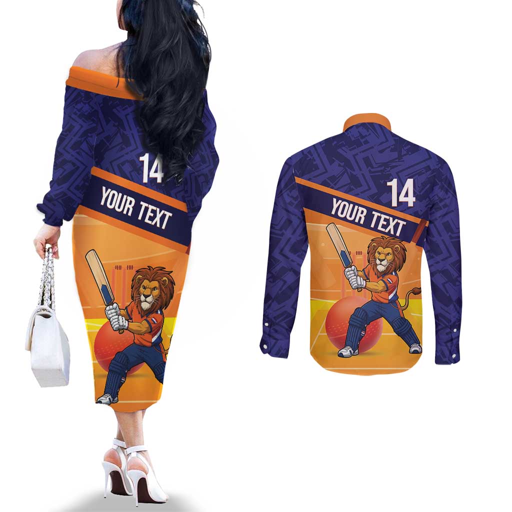 Custom Netherlands Cricket Couples Matching Off The Shoulder Long Sleeve Dress and Long Sleeve Button Shirt Go Flying Dutchmen Lion Mascot - Wonder Print Shop