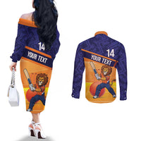 Custom Netherlands Cricket Couples Matching Off The Shoulder Long Sleeve Dress and Long Sleeve Button Shirt Go Flying Dutchmen Lion Mascot - Wonder Print Shop