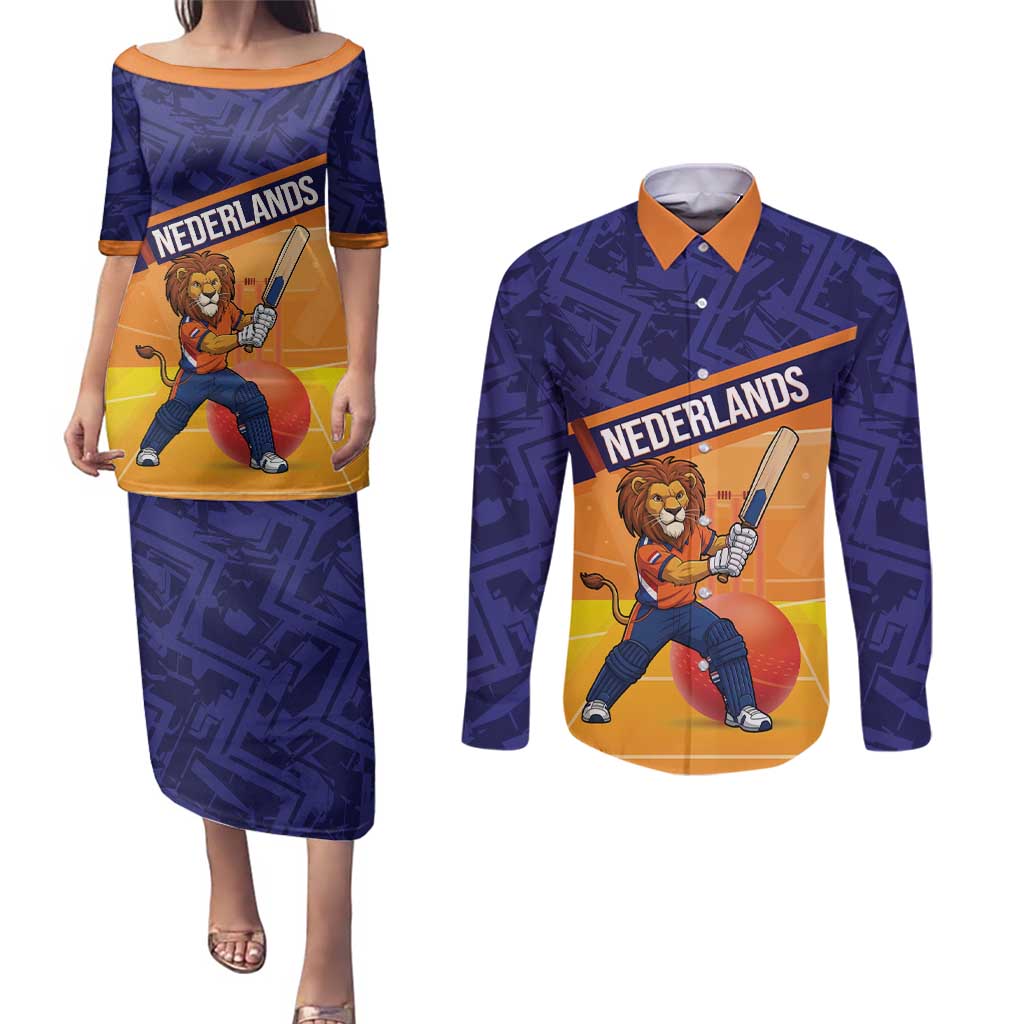 Custom Netherlands Cricket Couples Matching Puletasi and Long Sleeve Button Shirt Go Flying Dutchmen Lion Mascot - Wonder Print Shop