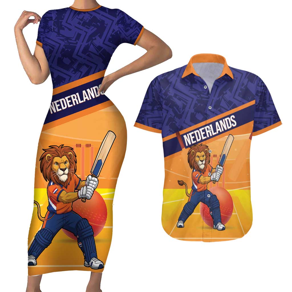 Custom Netherlands Cricket Couples Matching Short Sleeve Bodycon Dress and Hawaiian Shirt Go Flying Dutchmen Lion Mascot - Wonder Print Shop