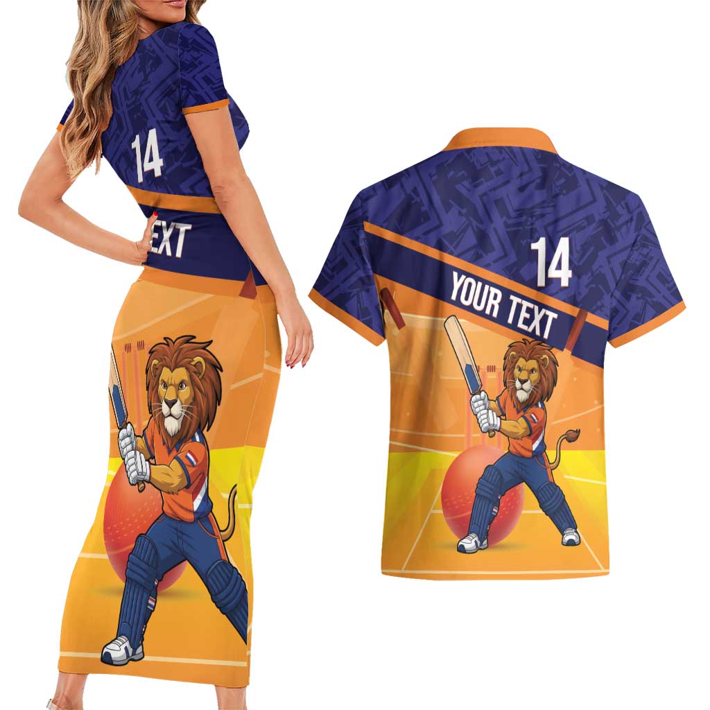 Custom Netherlands Cricket Couples Matching Short Sleeve Bodycon Dress and Hawaiian Shirt Go Flying Dutchmen Lion Mascot - Wonder Print Shop