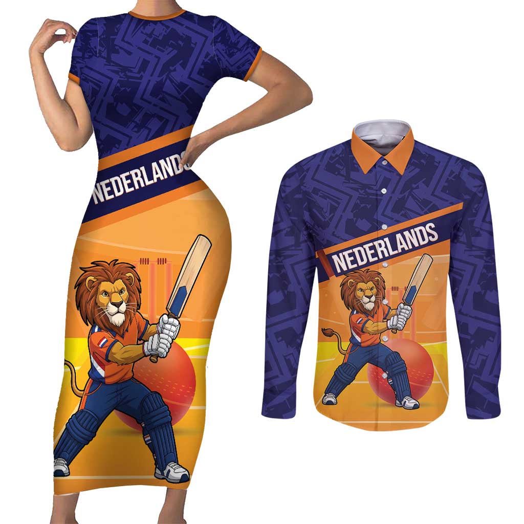 Custom Netherlands Cricket Couples Matching Short Sleeve Bodycon Dress and Long Sleeve Button Shirt Go Flying Dutchmen Lion Mascot - Wonder Print Shop