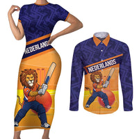 Custom Netherlands Cricket Couples Matching Short Sleeve Bodycon Dress and Long Sleeve Button Shirt Go Flying Dutchmen Lion Mascot - Wonder Print Shop
