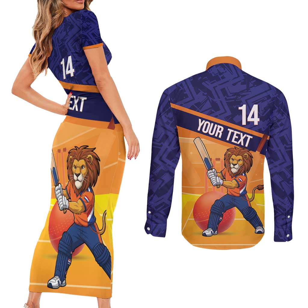 Custom Netherlands Cricket Couples Matching Short Sleeve Bodycon Dress and Long Sleeve Button Shirt Go Flying Dutchmen Lion Mascot - Wonder Print Shop