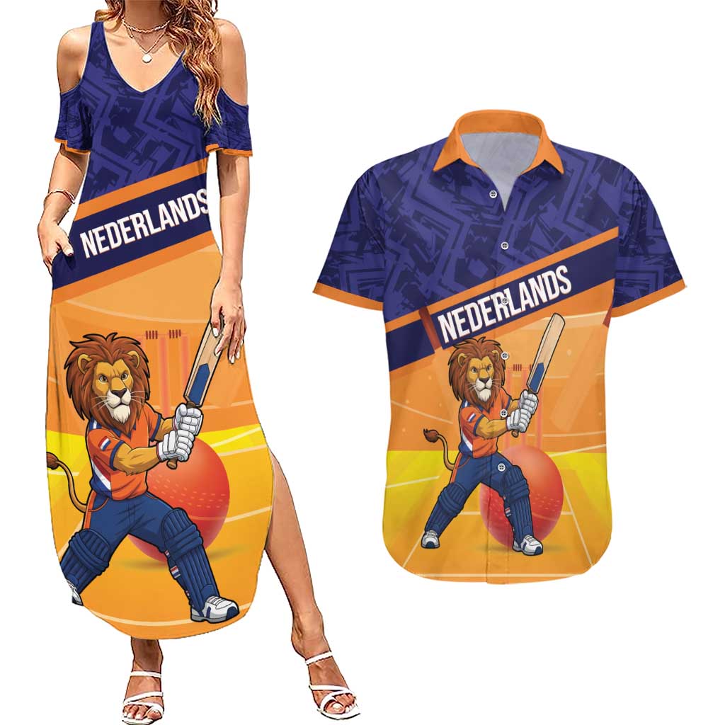 Custom Netherlands Cricket Couples Matching Summer Maxi Dress and Hawaiian Shirt Go Flying Dutchmen Lion Mascot - Wonder Print Shop