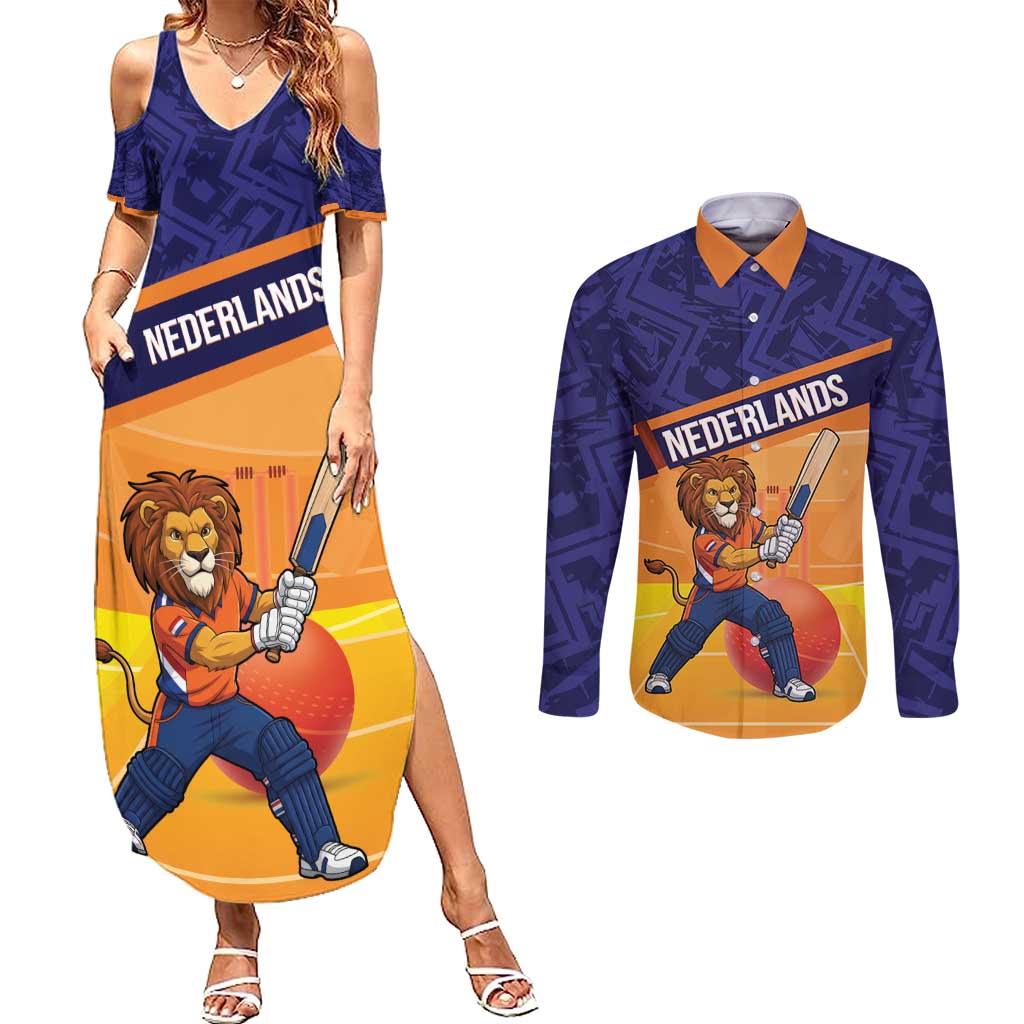 Custom Netherlands Cricket Couples Matching Summer Maxi Dress and Long Sleeve Button Shirt Go Flying Dutchmen Lion Mascot - Wonder Print Shop
